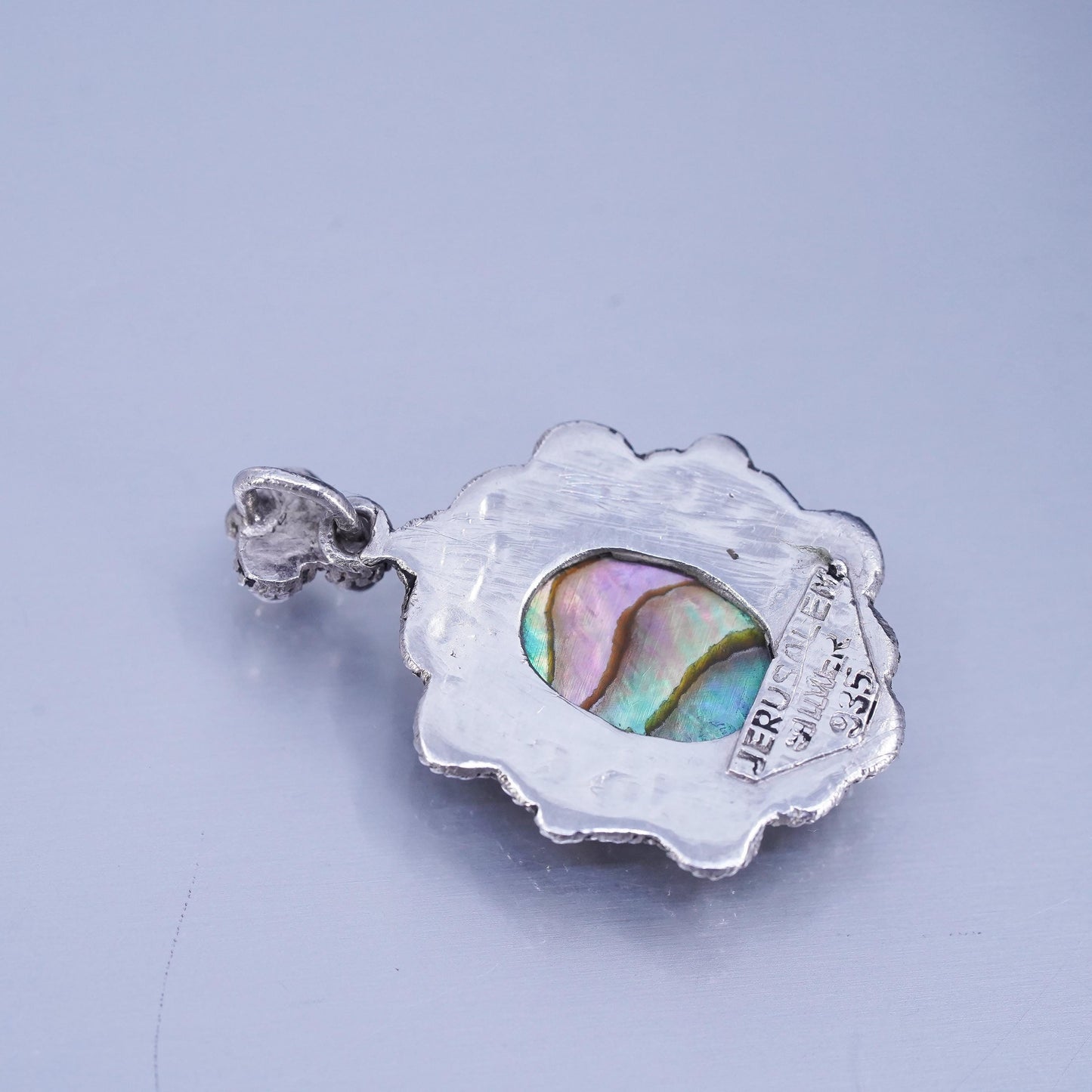 Vintage Sterling 925 silver handmade oval pendant with abalone inlay