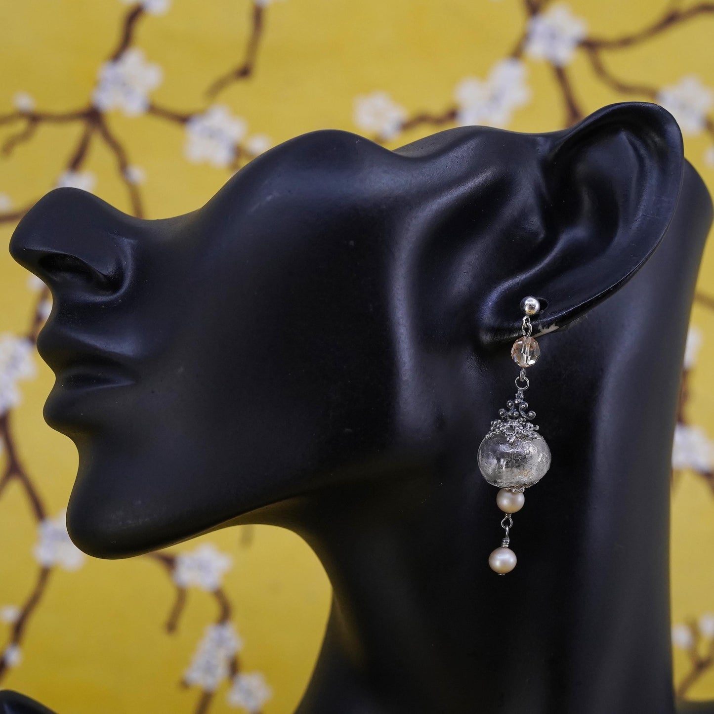 Vintage Sterling silver handmade earrings, solid 925 silver glass beads