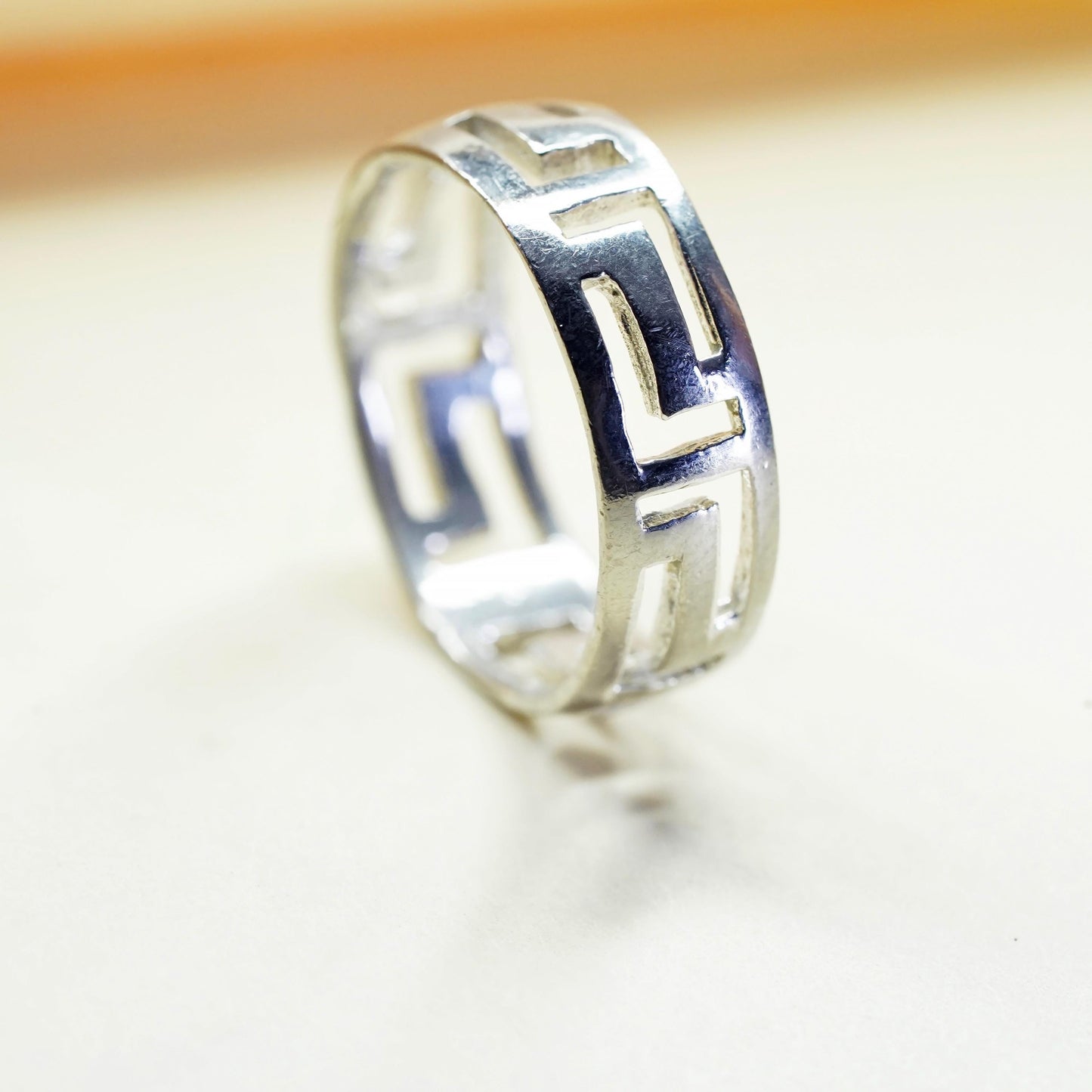 Size 8, VTG sterling silver handmade statement ring, 925 swirly Greek key band