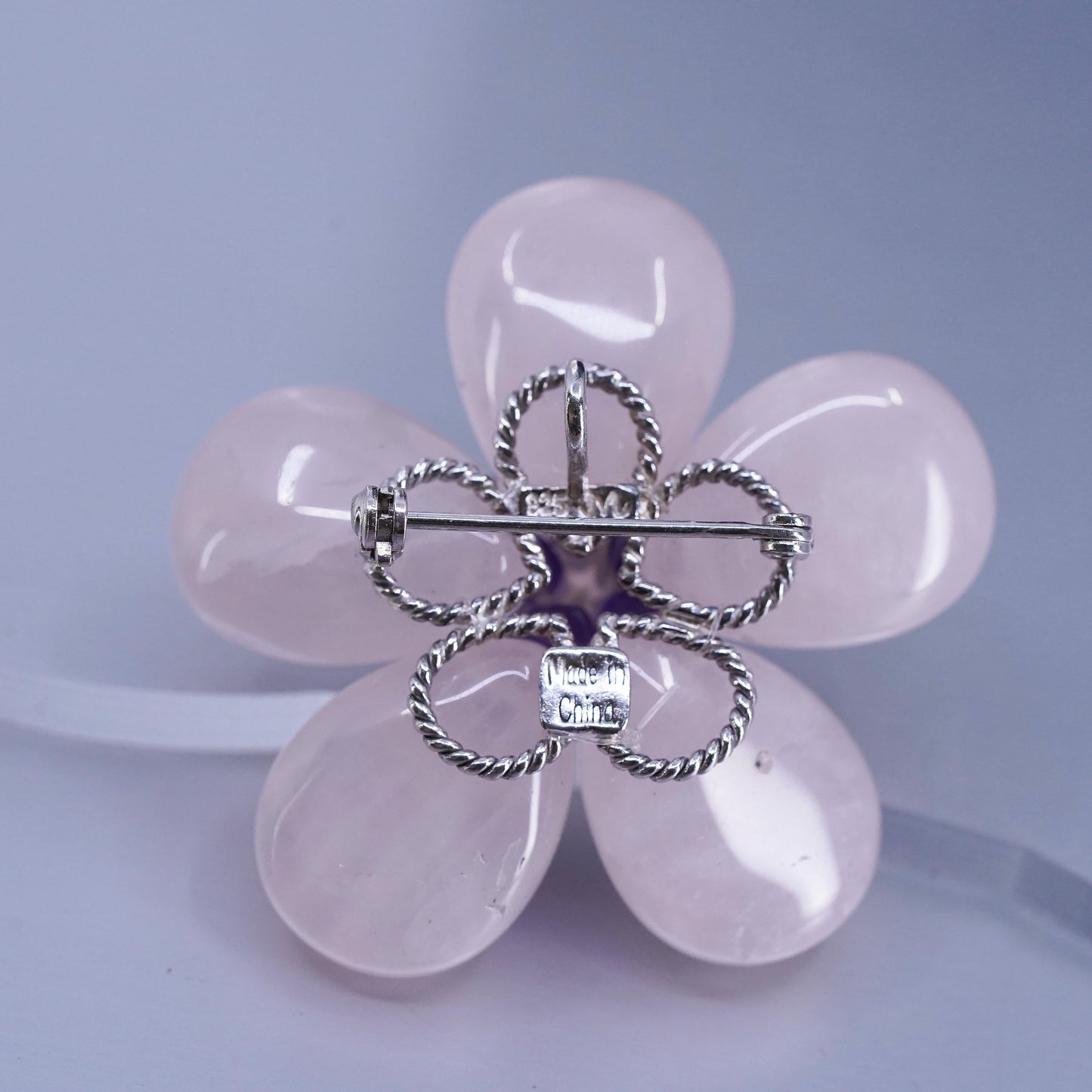 Vintage sterling silver brooch, 925 flower pin with amethyst pink rose quartz