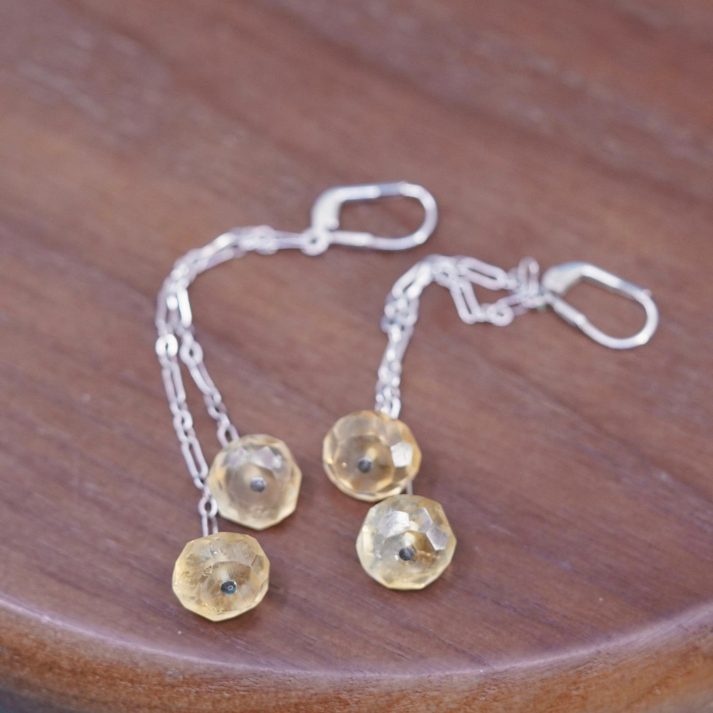 Vintage sterling silver handmade earrings, 925 chain drop with citrine nugget