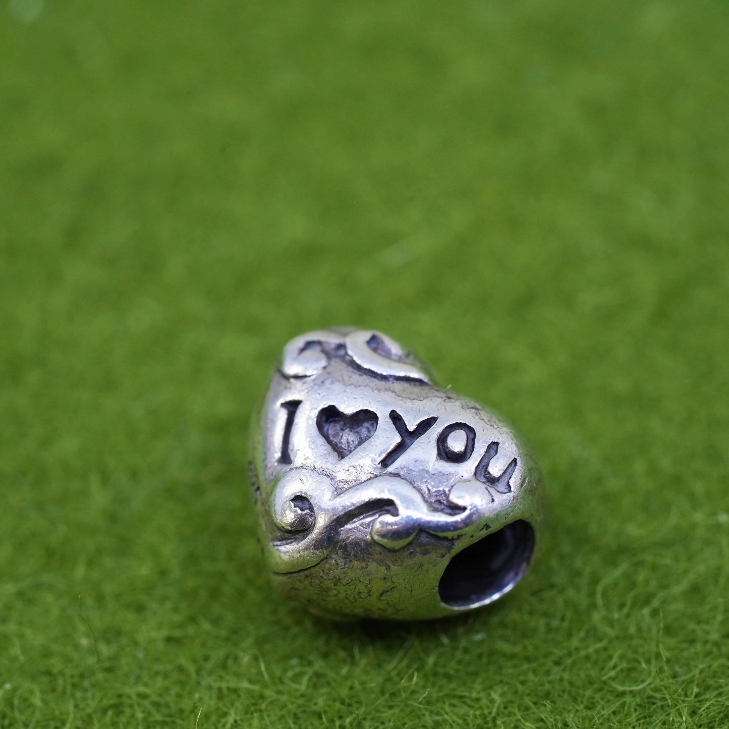 Vintage IBB Sterling silver bead charm, 925 heart pendant embossed i love you