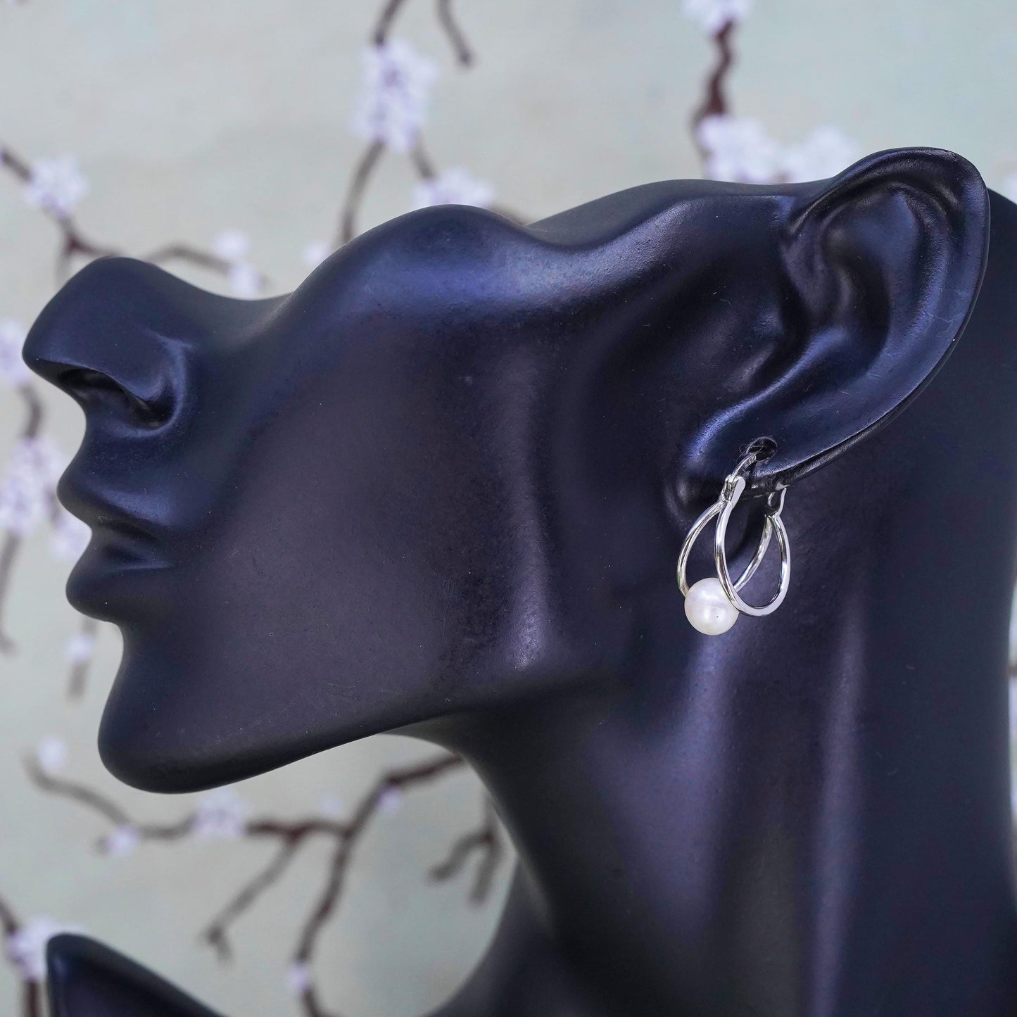 0.75", Vintage sterling silver loop earrings, fashion primitive hoops w/ pearl