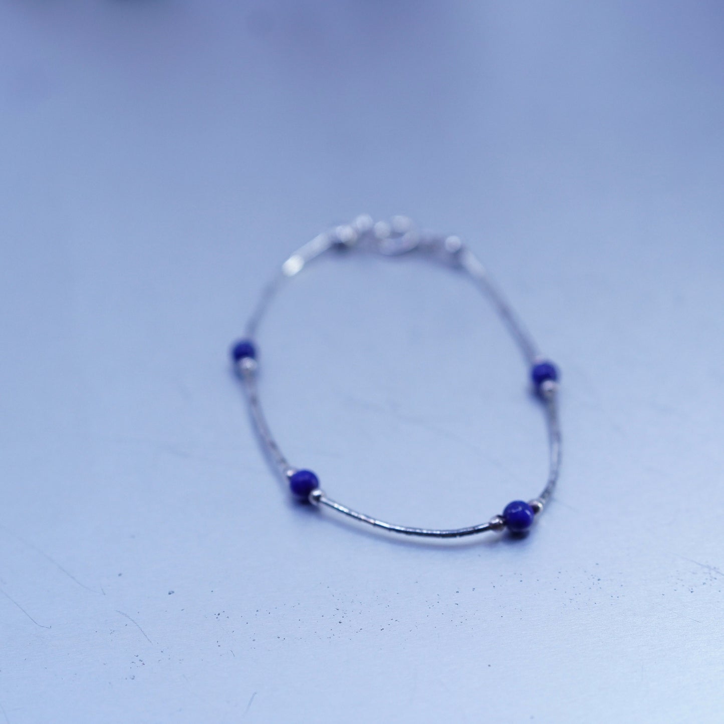 7”, Sterling 925 silver handmade bracelet, liquid chain lapis lazuli beads