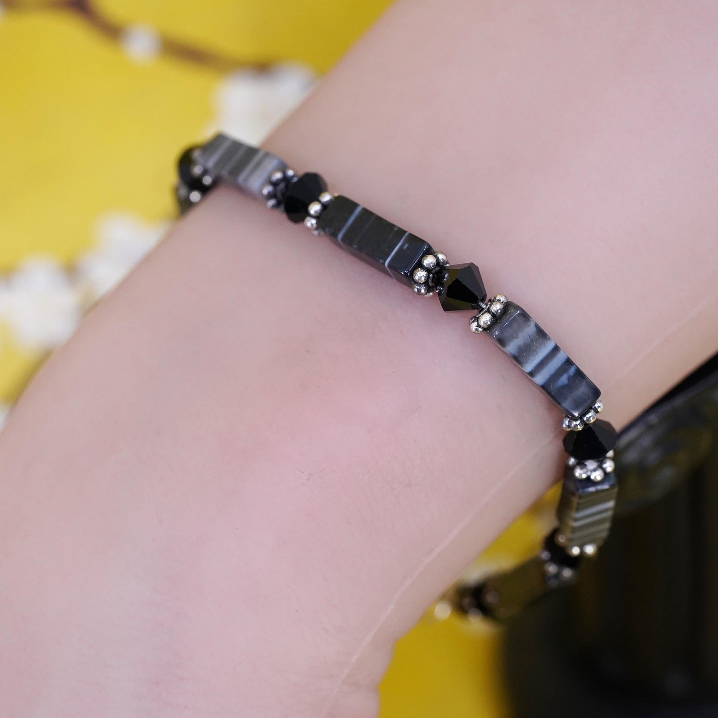 7”, Vintage Sterling 925 silver handmade bracelet, chain with agate tube