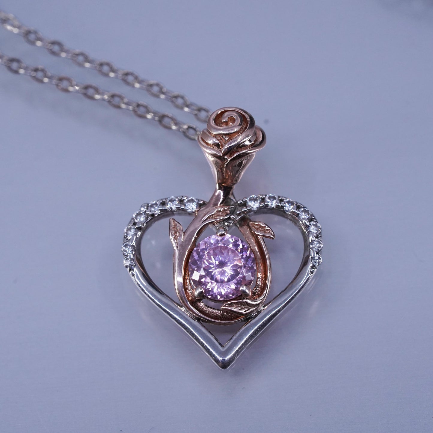 18+2”, two tone Sterling 925 silver flatten circle necklace cz heart pendant