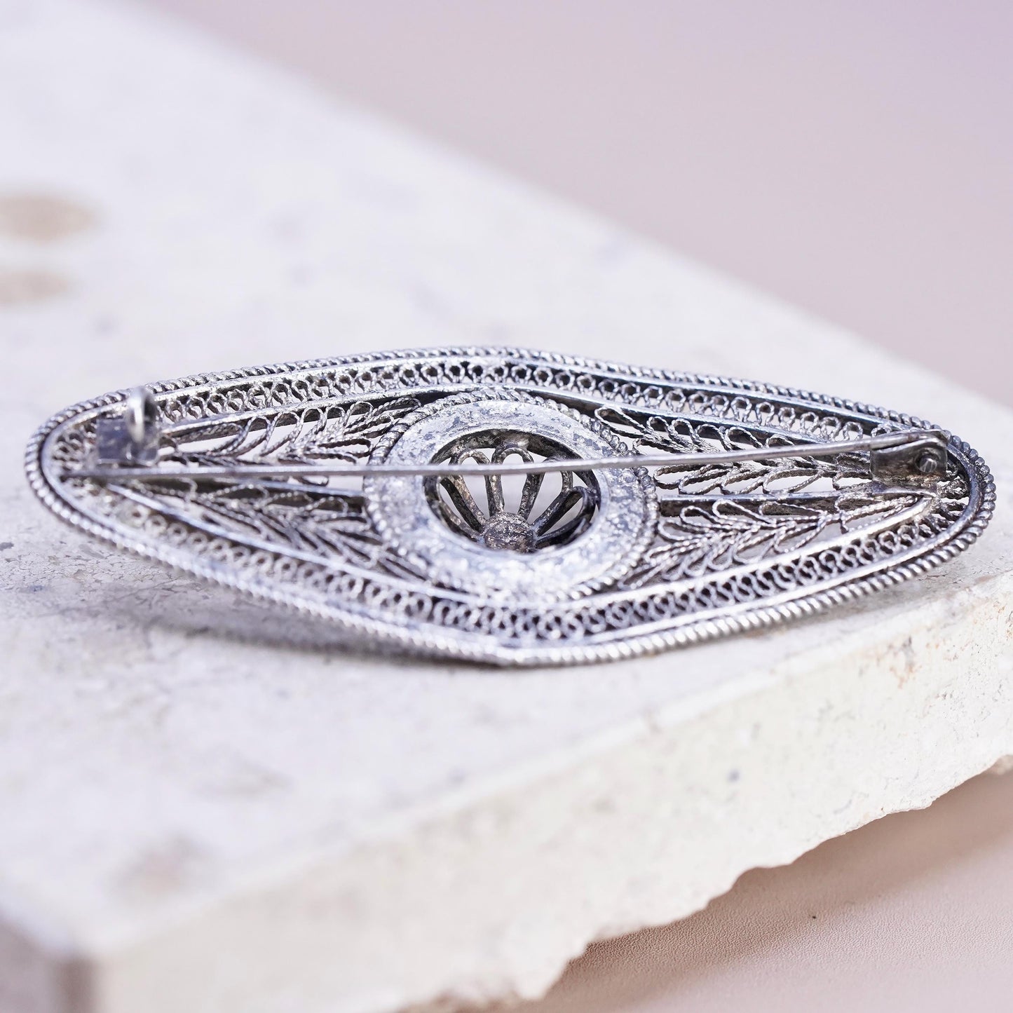 Vintage Native American sterling silver brooch, 925 filigree long pin turquoise