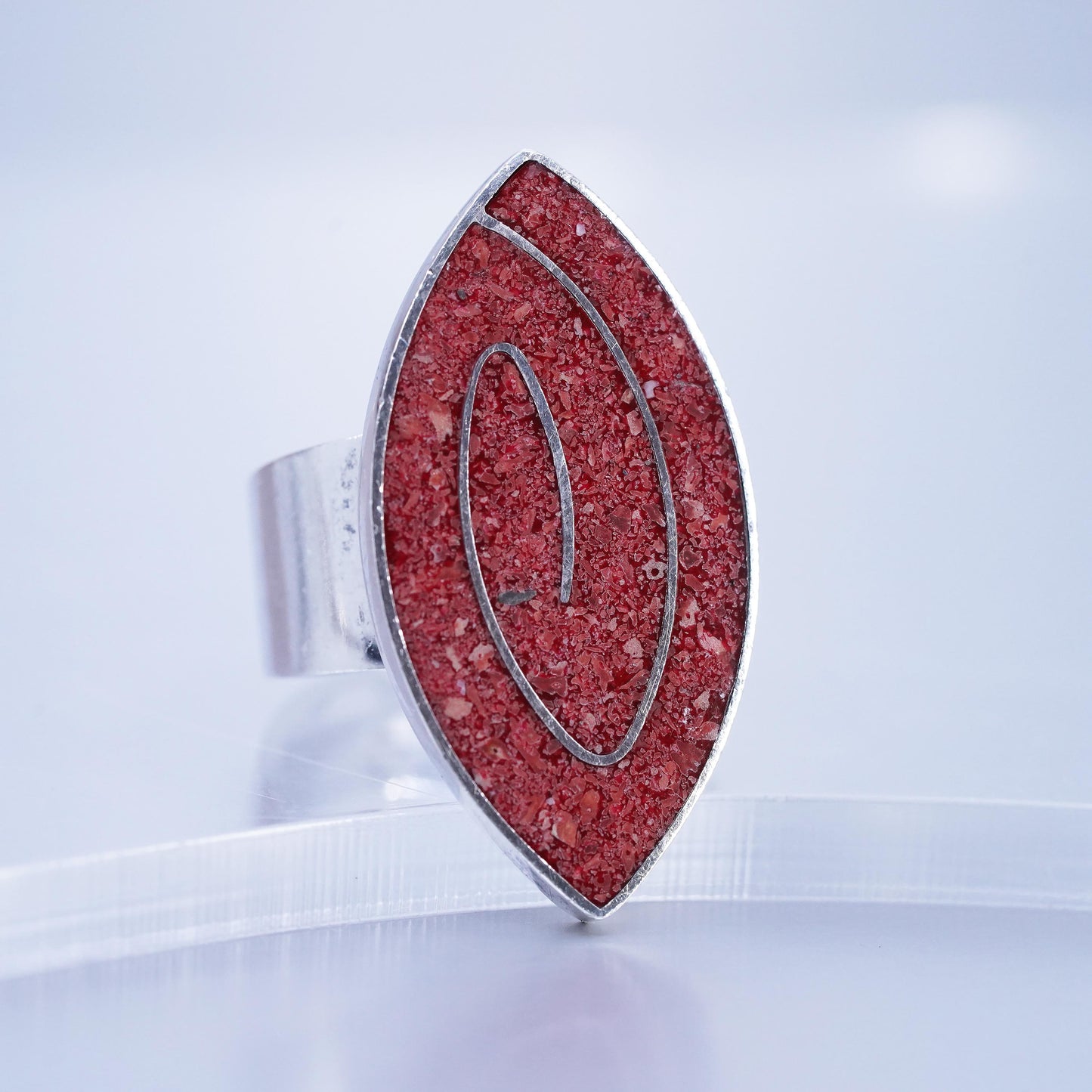 Size 7.5, southwestern Sterling 925 silver handmade spiral ring with coral