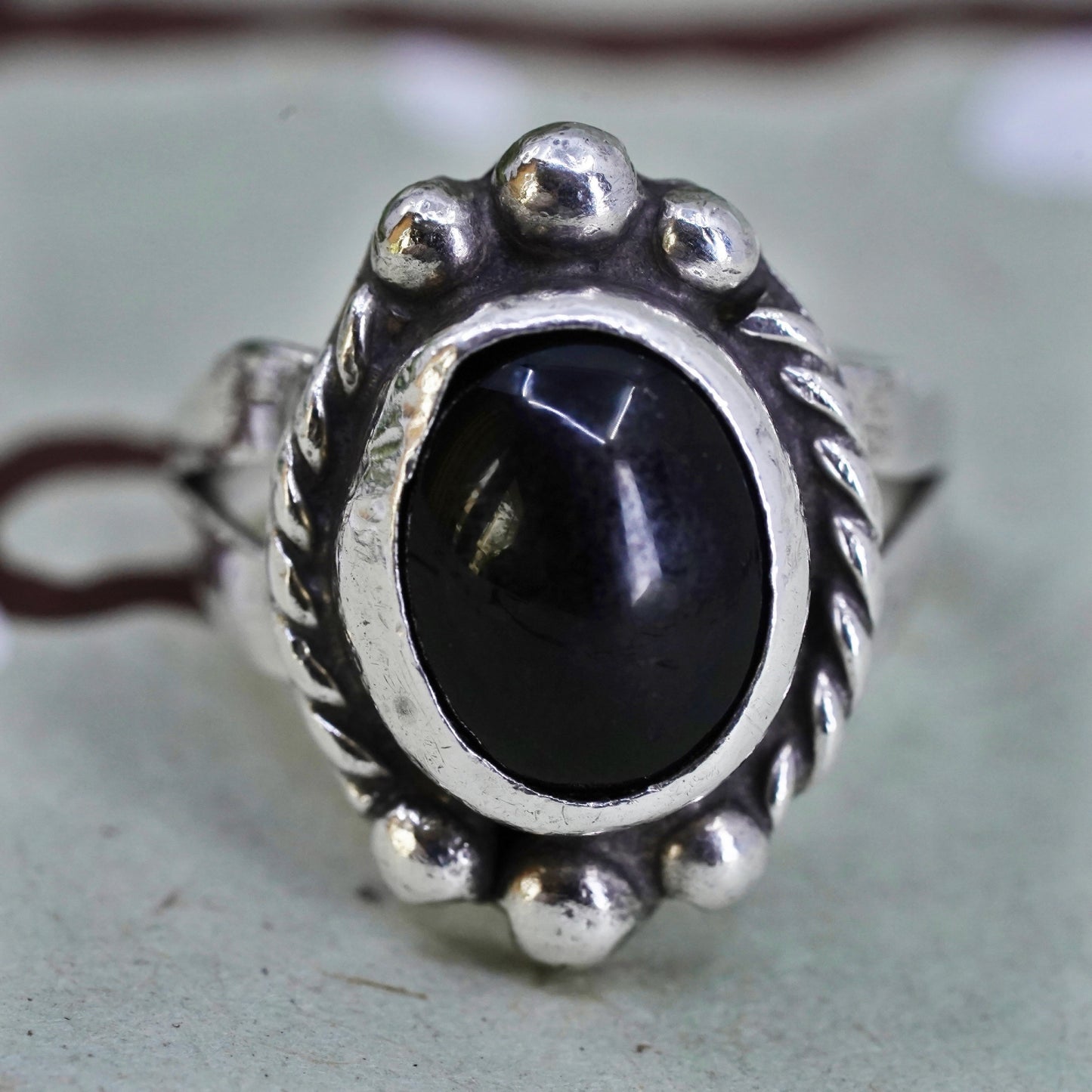 Size 4.5, Vintage sterling 925 silver handmade ring with onyx and bead details