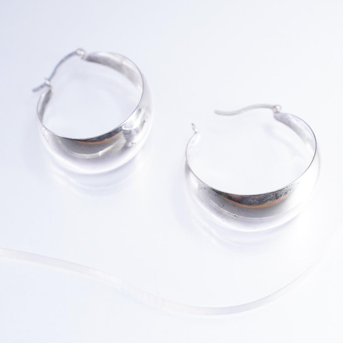 1", Vintage 925 Sterling Silver Wide Earrings, High Polish Dome Hoops, Chunky