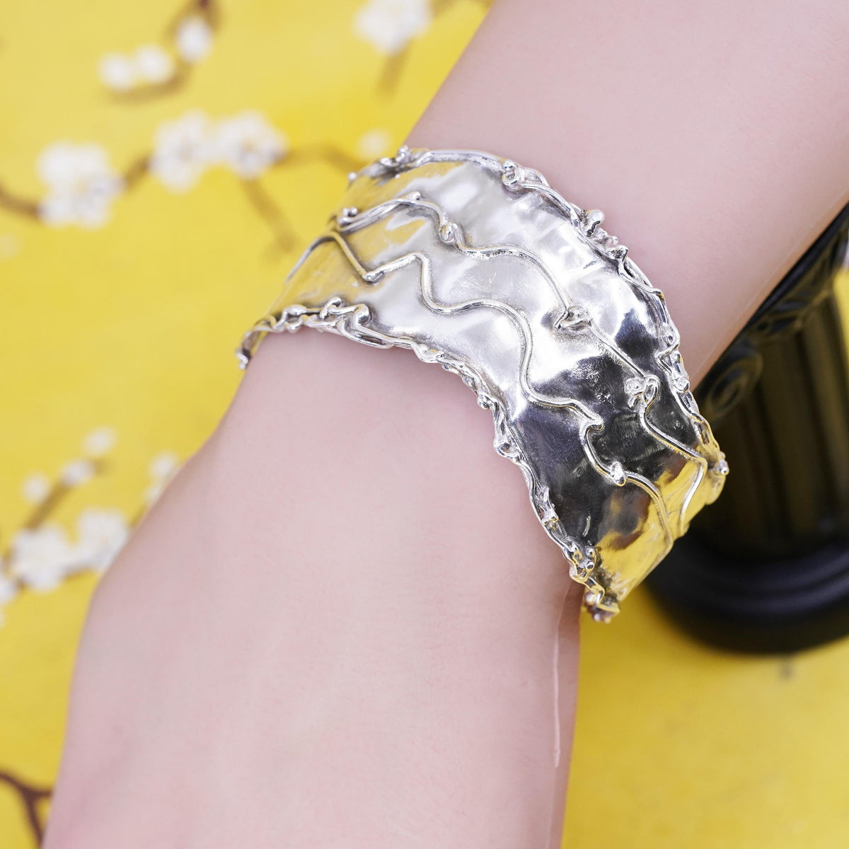 6.5", Vintage Sterling silver handmade bracelet, 925 wide cuff hammered texture
