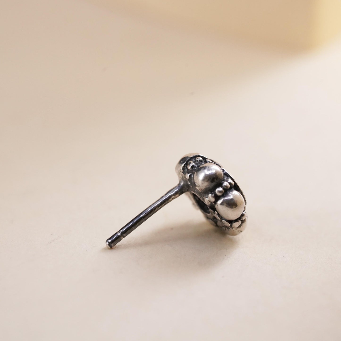 Vintage handmade single earring. Sterling 925 silver stud with garnet