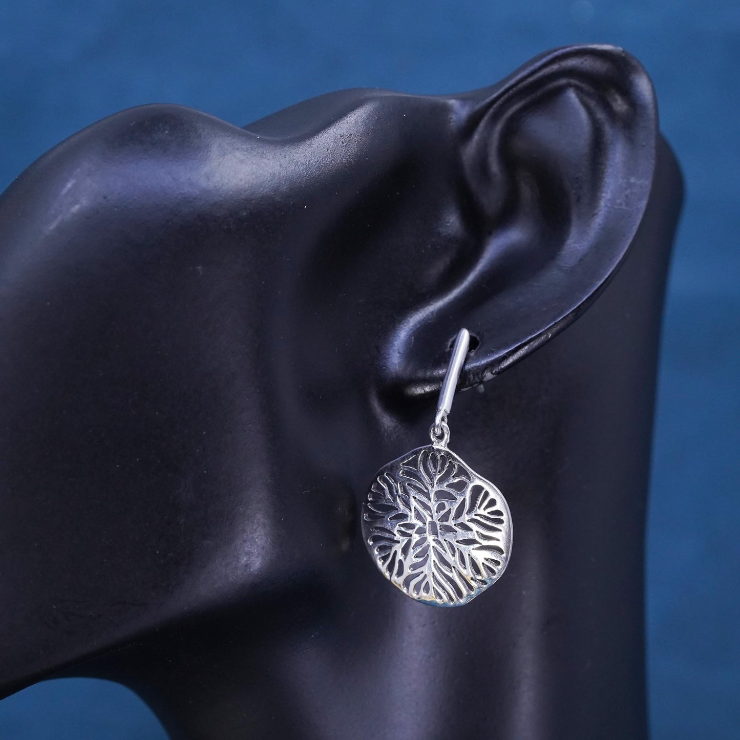 Vintage Sterling silver handmade earrings, 925 filigree leafy drops