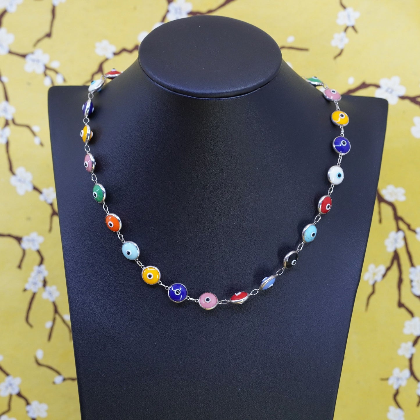 17”, Sterling 925 silver handmade necklace with colorful glass evil eye links
