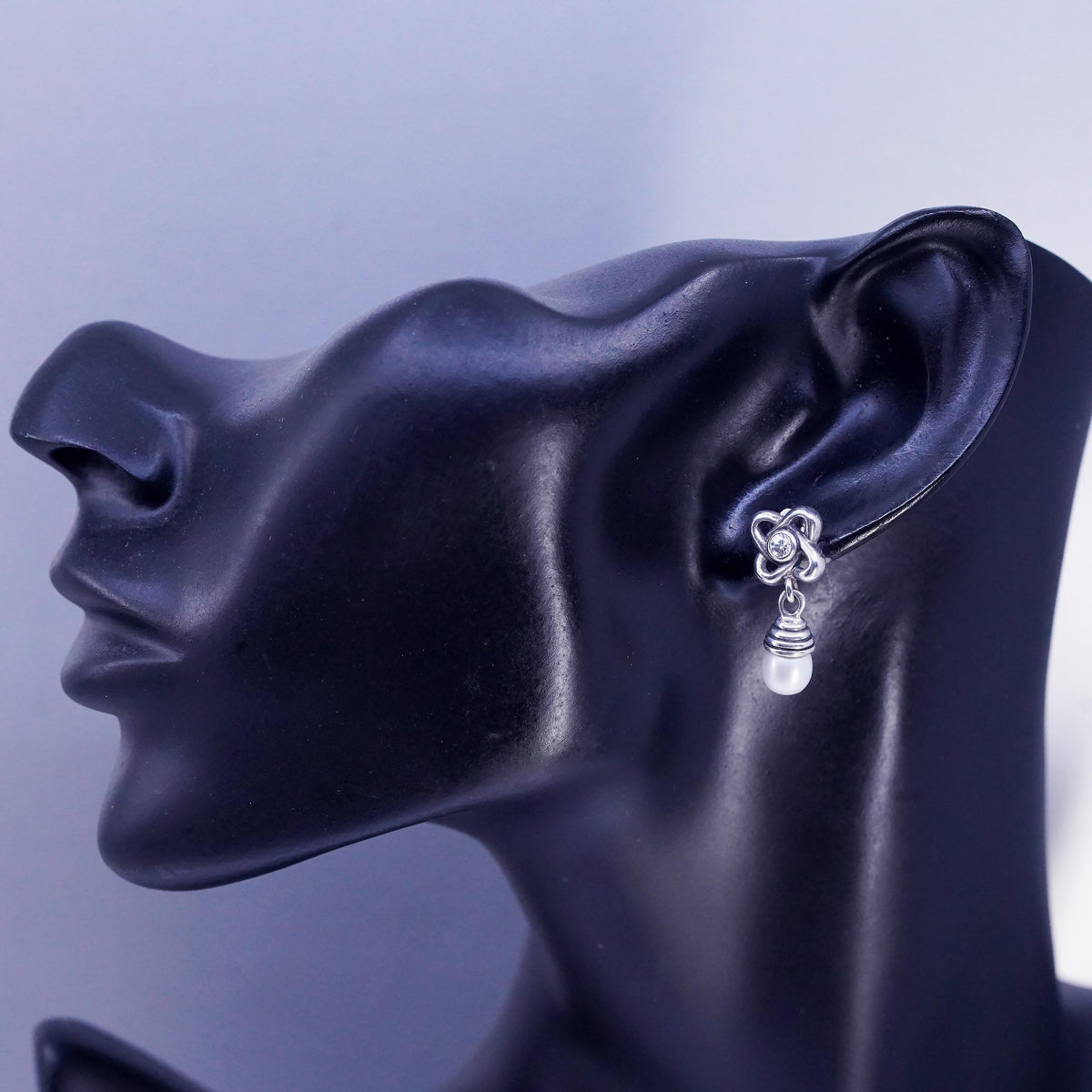 Vintage Sterling 925 silver handmade teardrop earrings with pearl and CZ