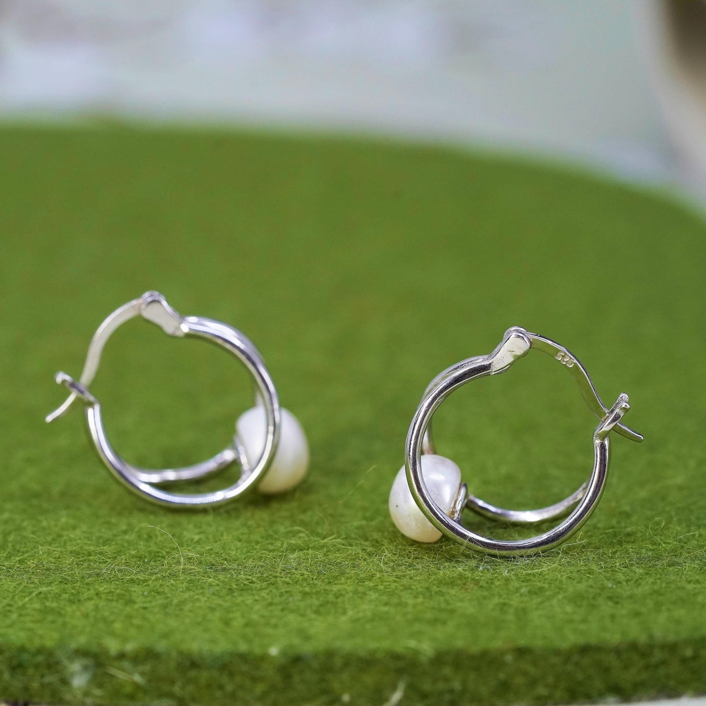 0.75", Vintage sterling silver loop earrings, fashion primitive hoops w/ pearl