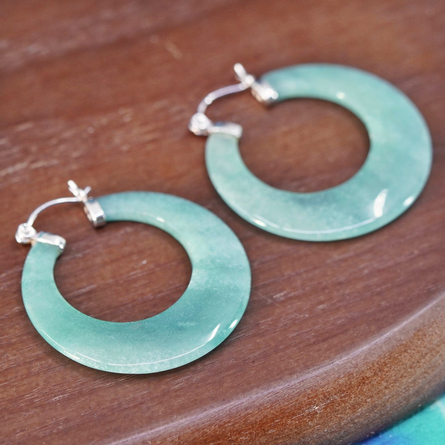 Vintage Sterling 925 silver handmade hoop earrings with jade