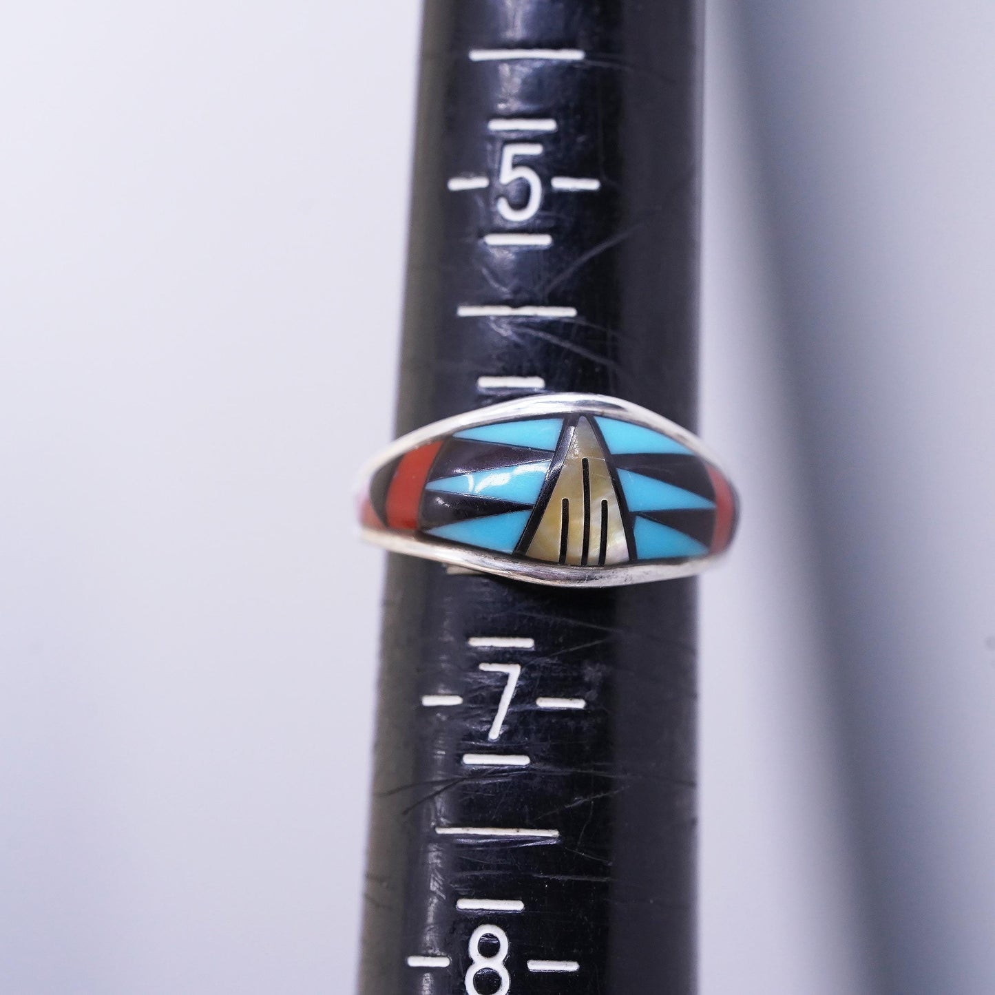 Size 6, Native Americans Kay Johnson Sterling silver ring, 925 band inlay