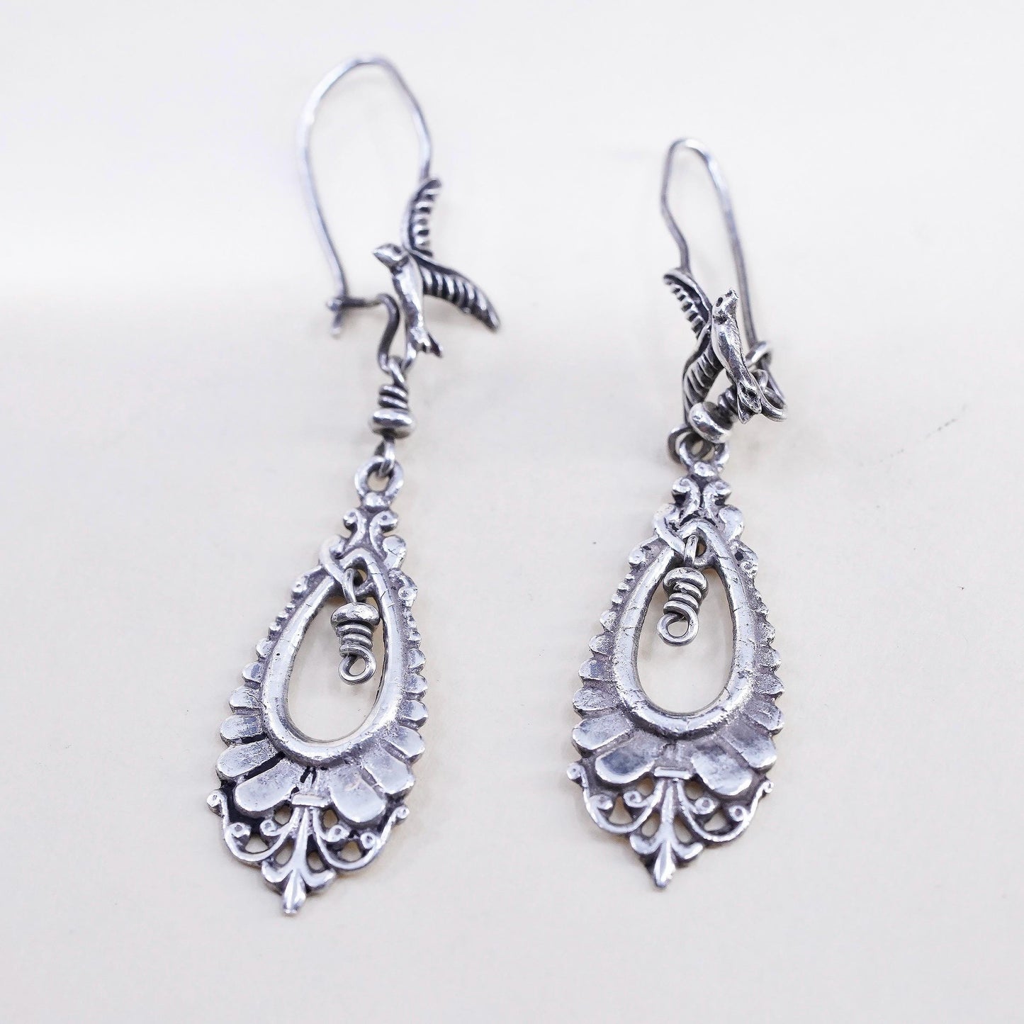 Southwestern Sterling Silver Swallow Bird Dangles, Teardrop Filigree Earrings