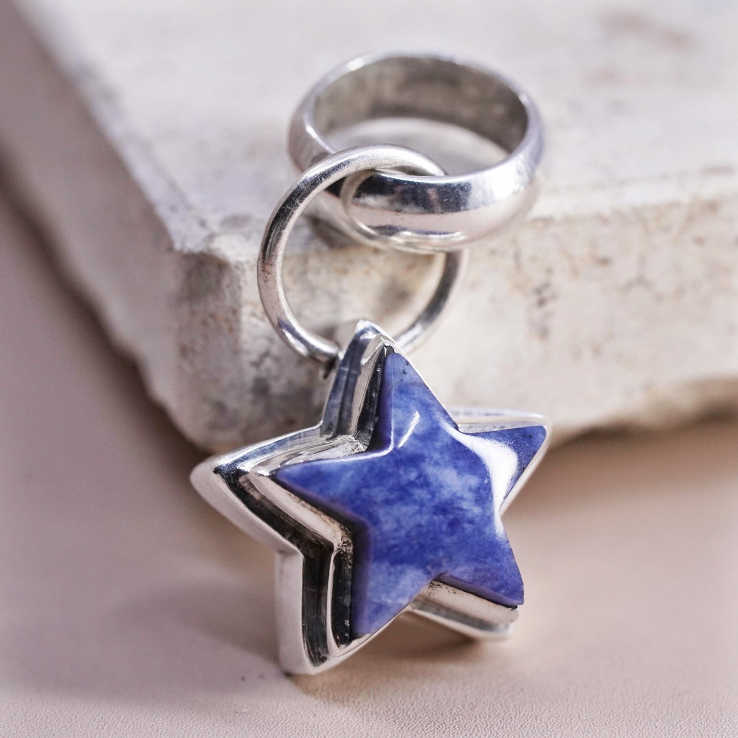 Vintage RI Sterling silver handmade pendant, 925 star pendant w/ blue sodalite