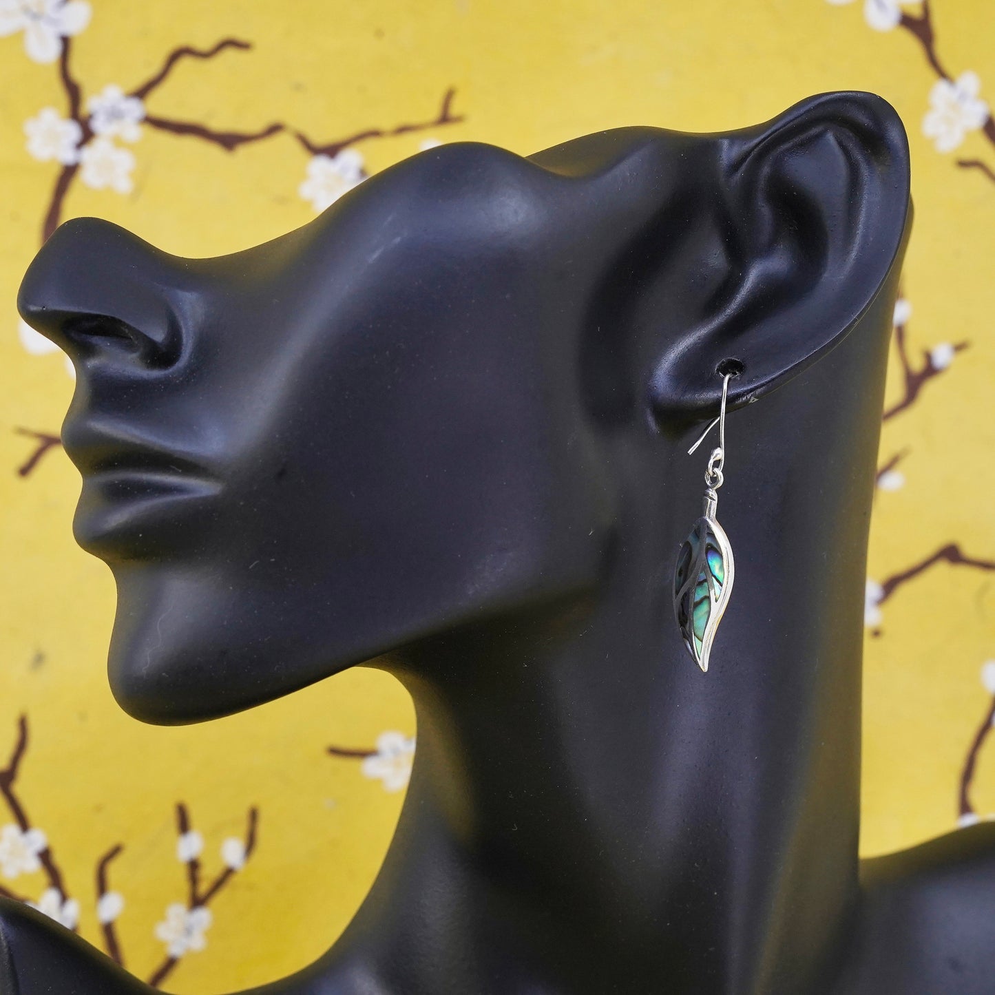 Vintage Sterling 925 silver handmade leaf earrings with abalone inlay