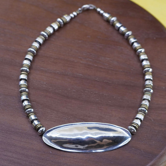14” Sterling silver necklace, 925 cube chain with brass discs long oval pendant