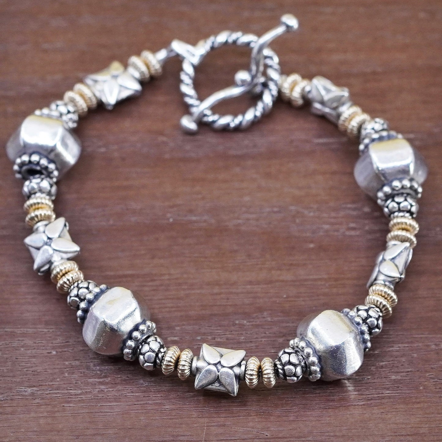 6.5”, Vintage two tone Sterling silver handmade bracelet, 925 chain with bead
