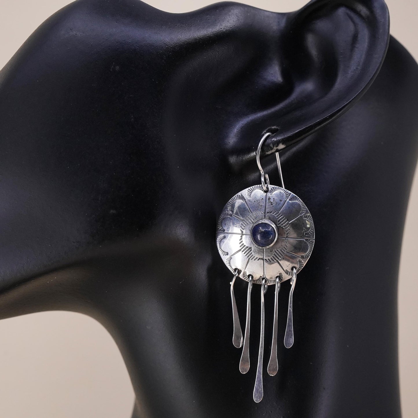 Native American Navajo single earring. Navajo Sterling 925 silver lapis fringe