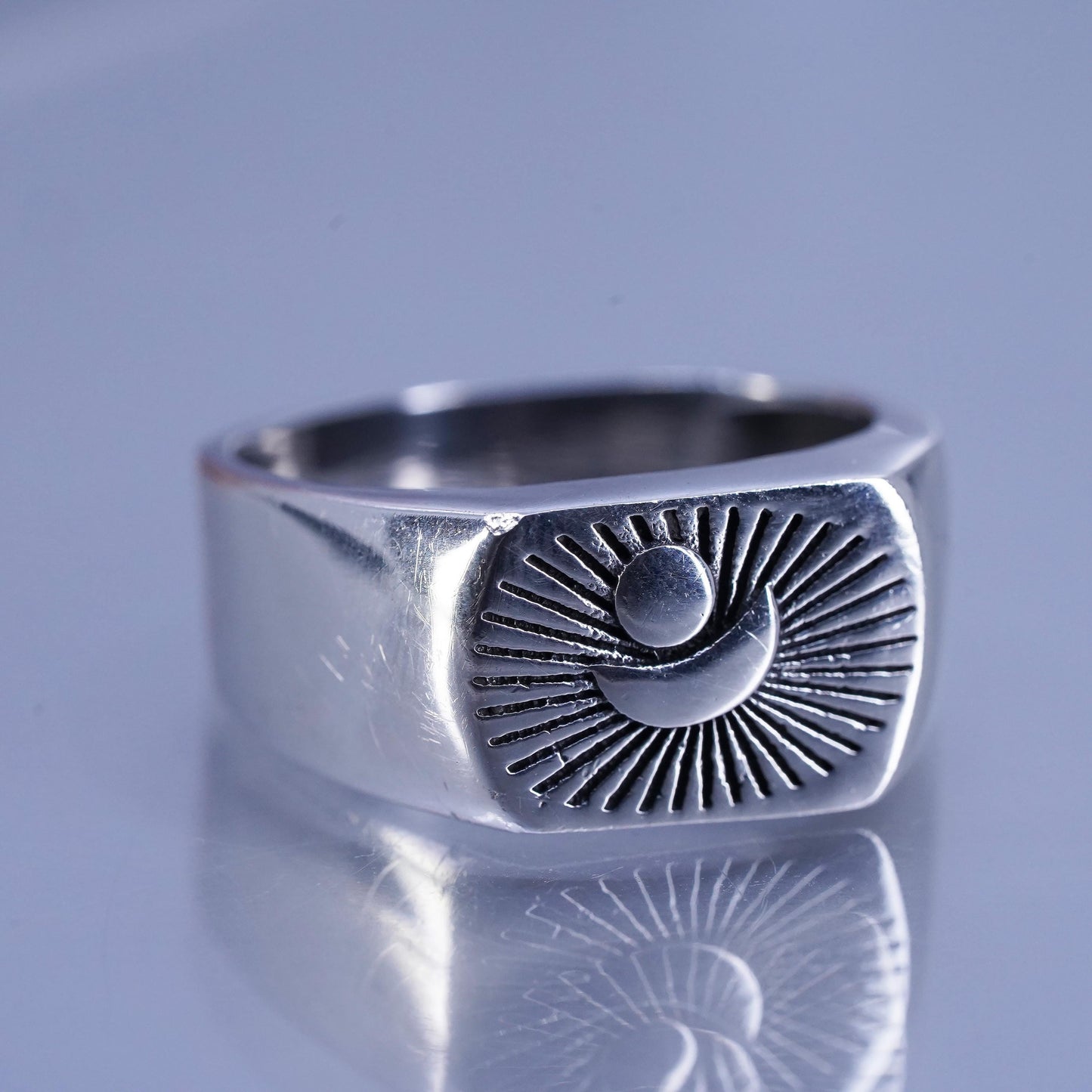 Size 13.5, vintage statement Sterling 925 silver handmade ring, band moon sun