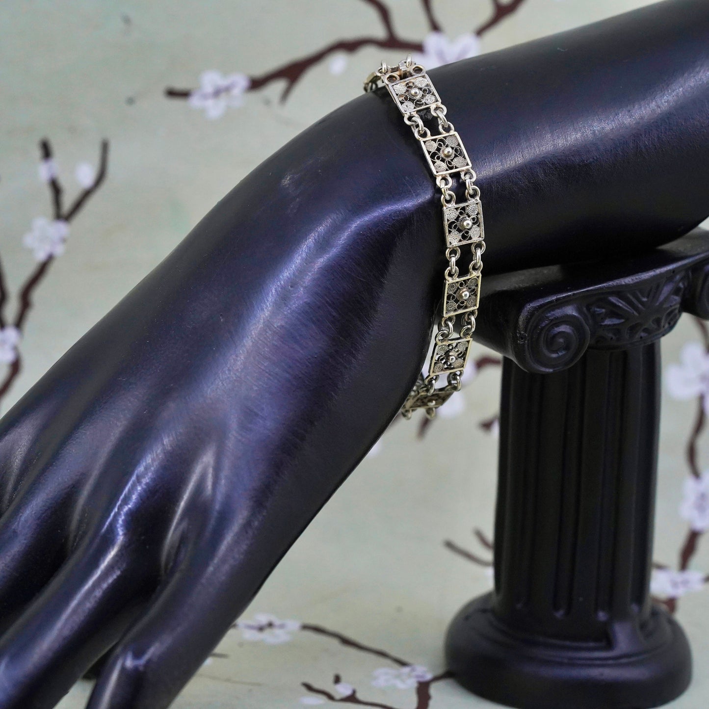 6.5", vintage Italian sterling silver bracelet, 800 filigree flower link chain