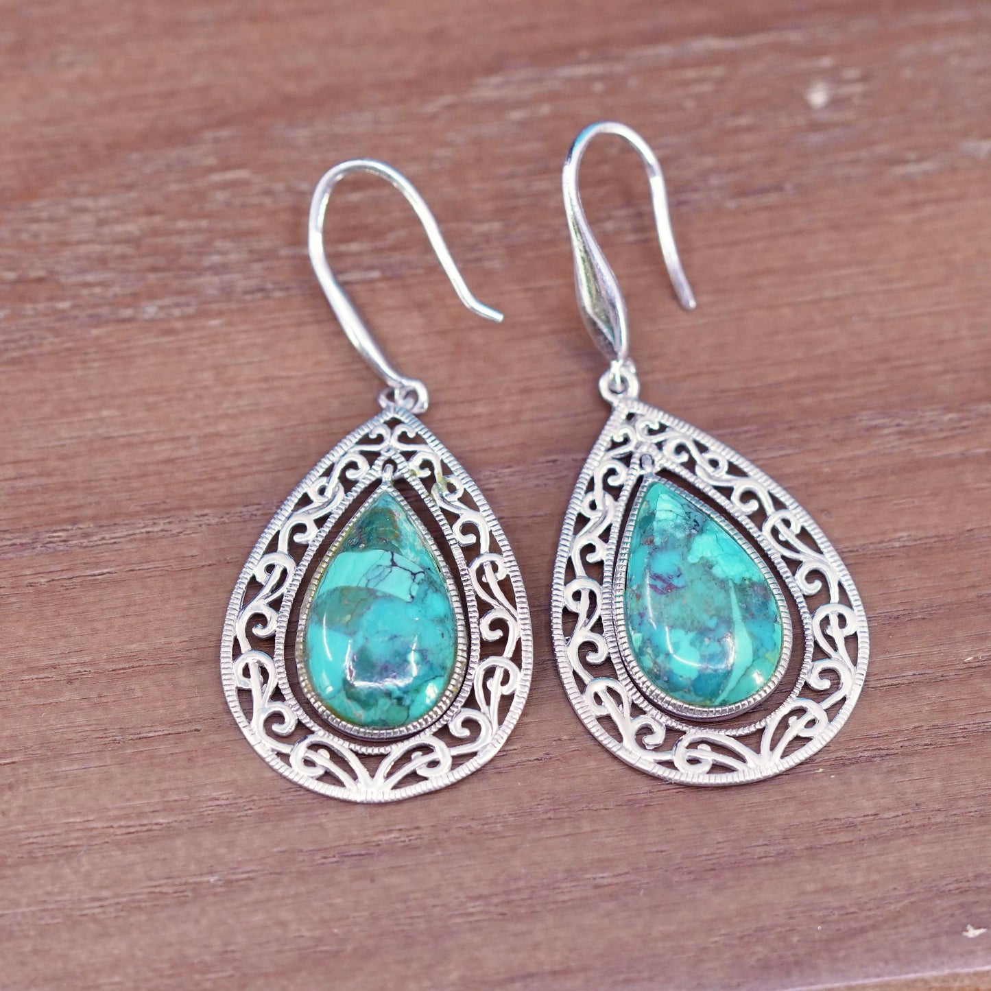 southwestern Sterling 925 silver filigree teardrop earrings with turquoise