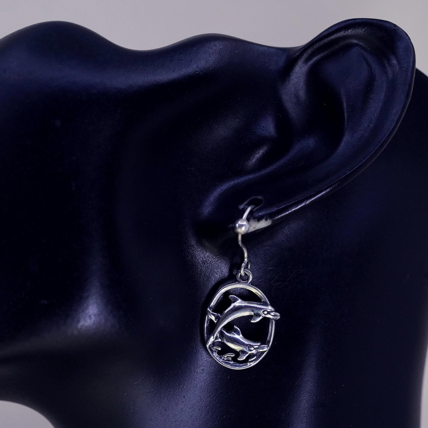 Vintage sterling 925 silver handmade dolphin drop earrings