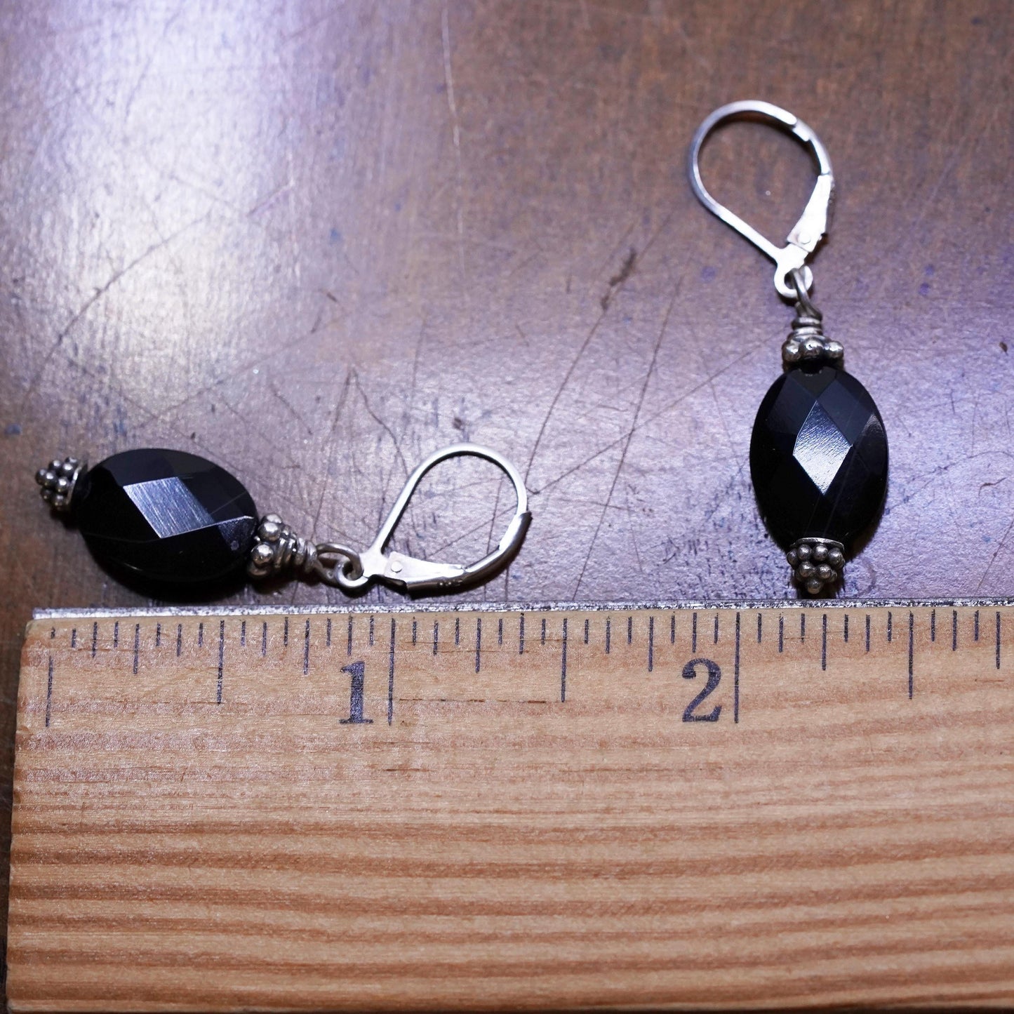 Vintage sterling 925 silver earrings, oval black onyx, handmade