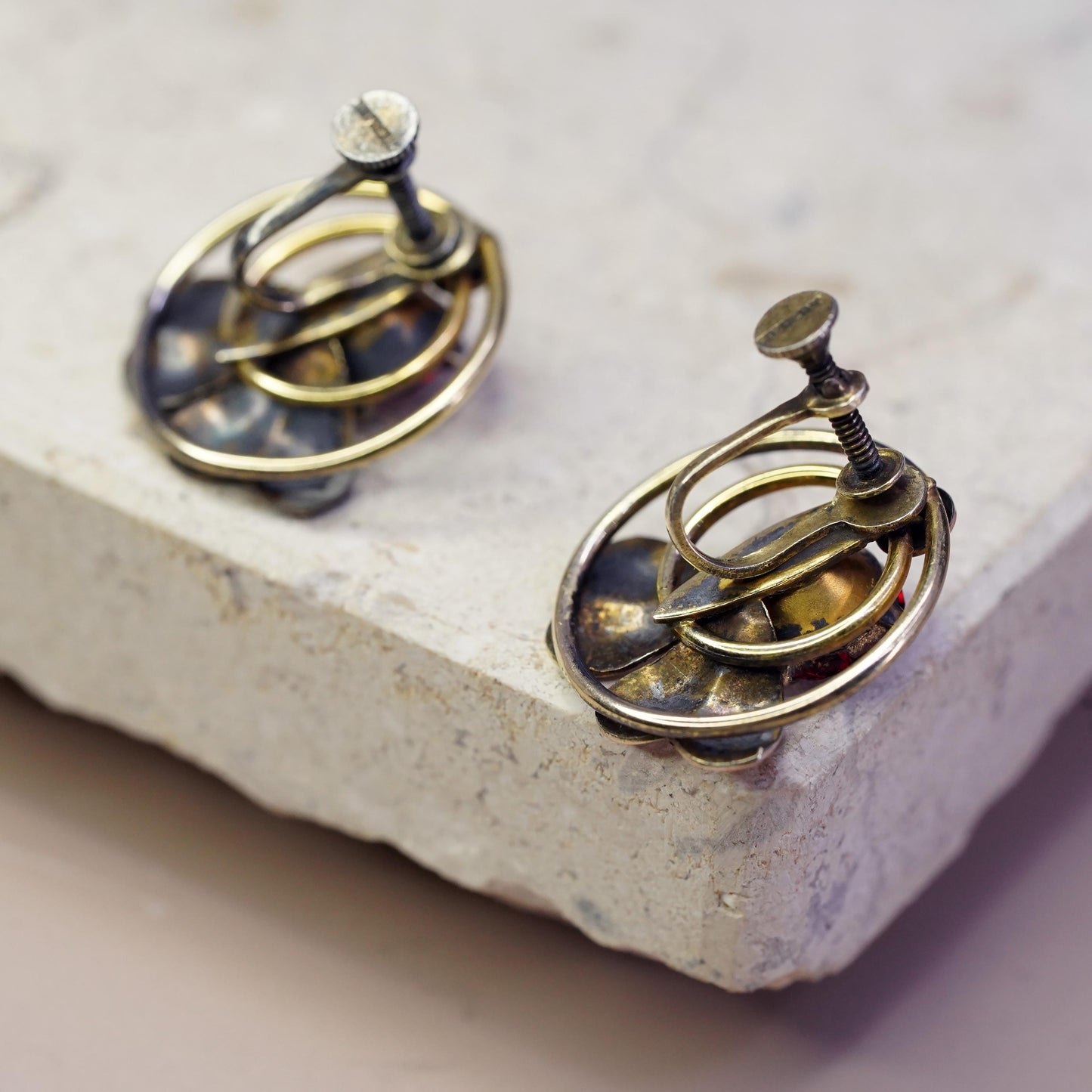 Vintage gold plated Sterling 925 silver screw back earrings with red Rhinestone