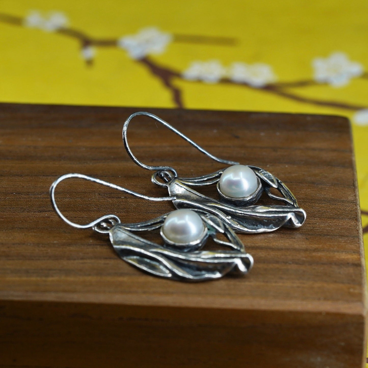 vintage Israel PZ Sterling silver 925 handmade leaf earrings with pearl