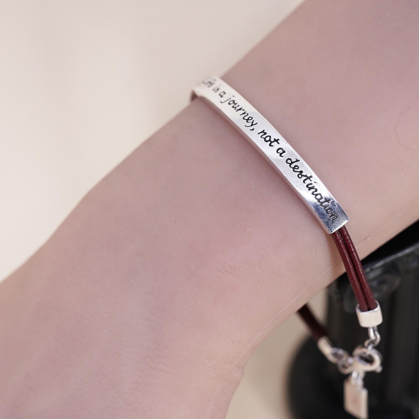 7.5", Vintage Baroni brown leather strap with 925 Sterling silver quote bar