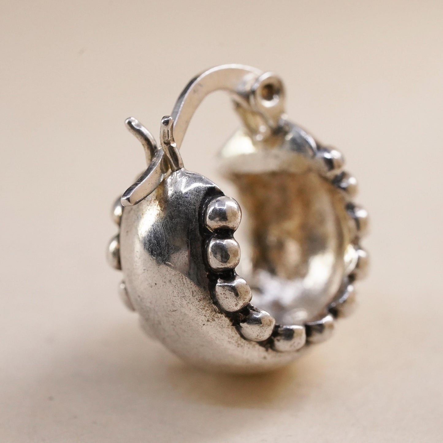 0.5”, Vintage sterling silver single earring, 925 huggie hoop with beads