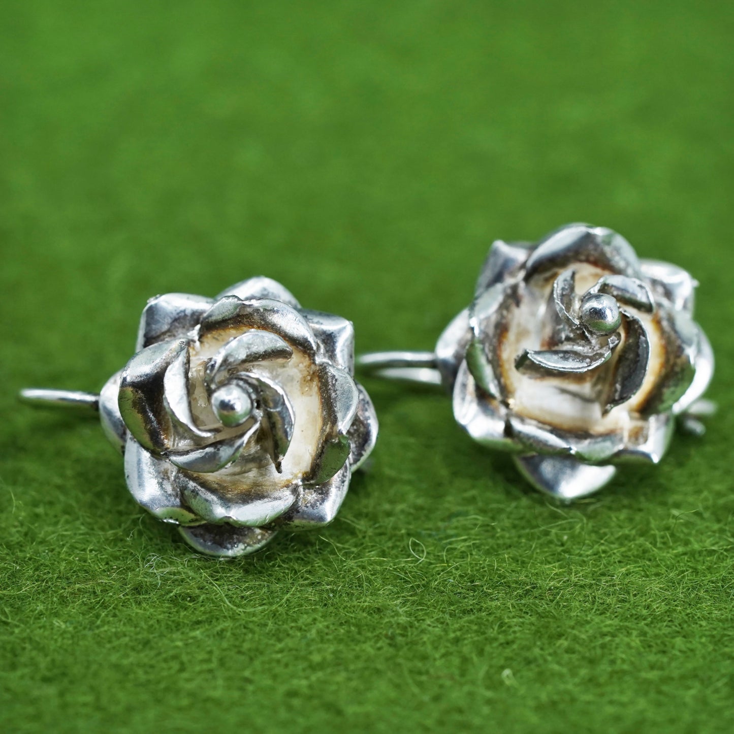 Vintage Mexican Sterling silver handmade earrings, rose flower dangles