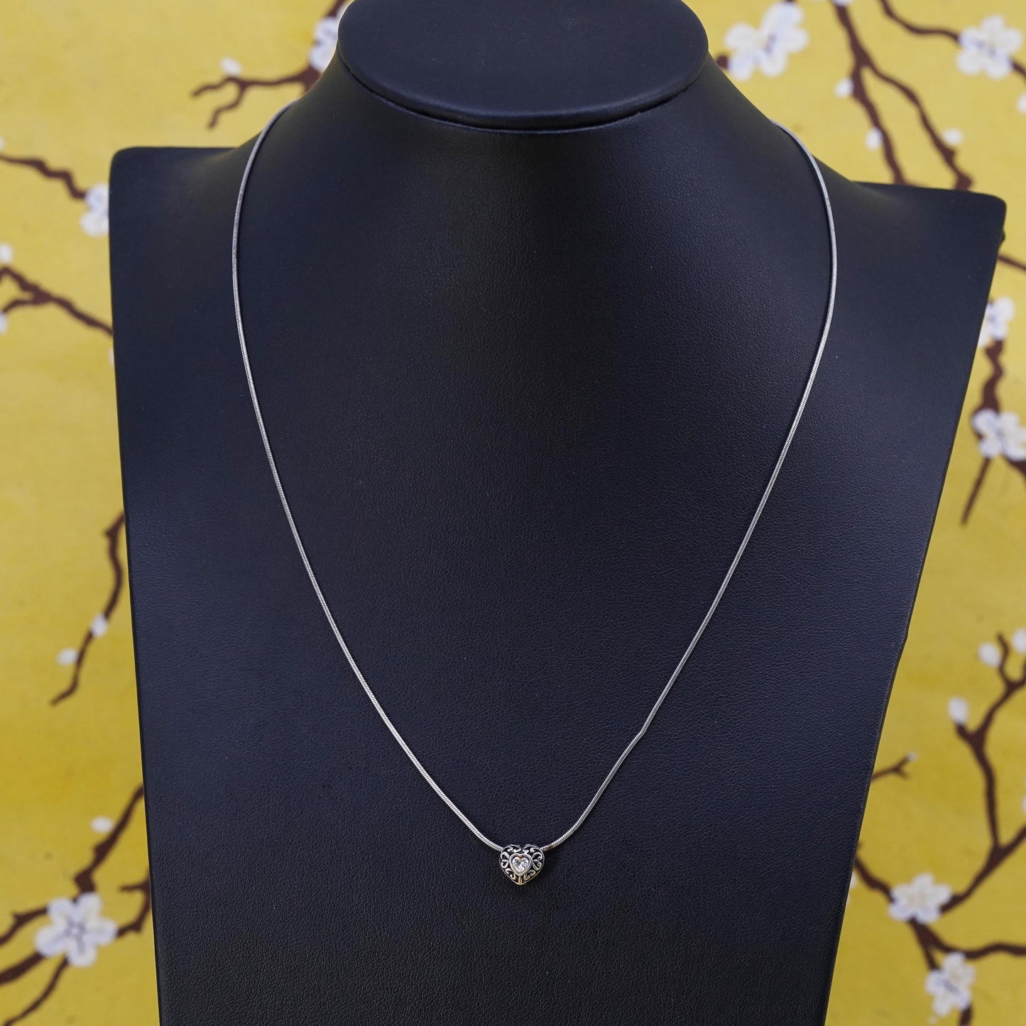 18", 1mm, vintage Sterling silver necklace, 925 snake chain w/ cz heart pendant