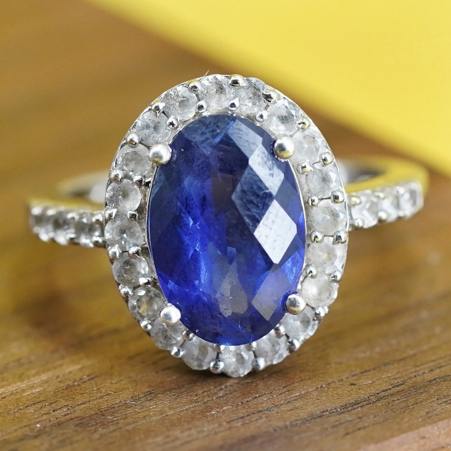 Size 7.5, Sterling silver 925 handmade ring with crystal and sapphire details