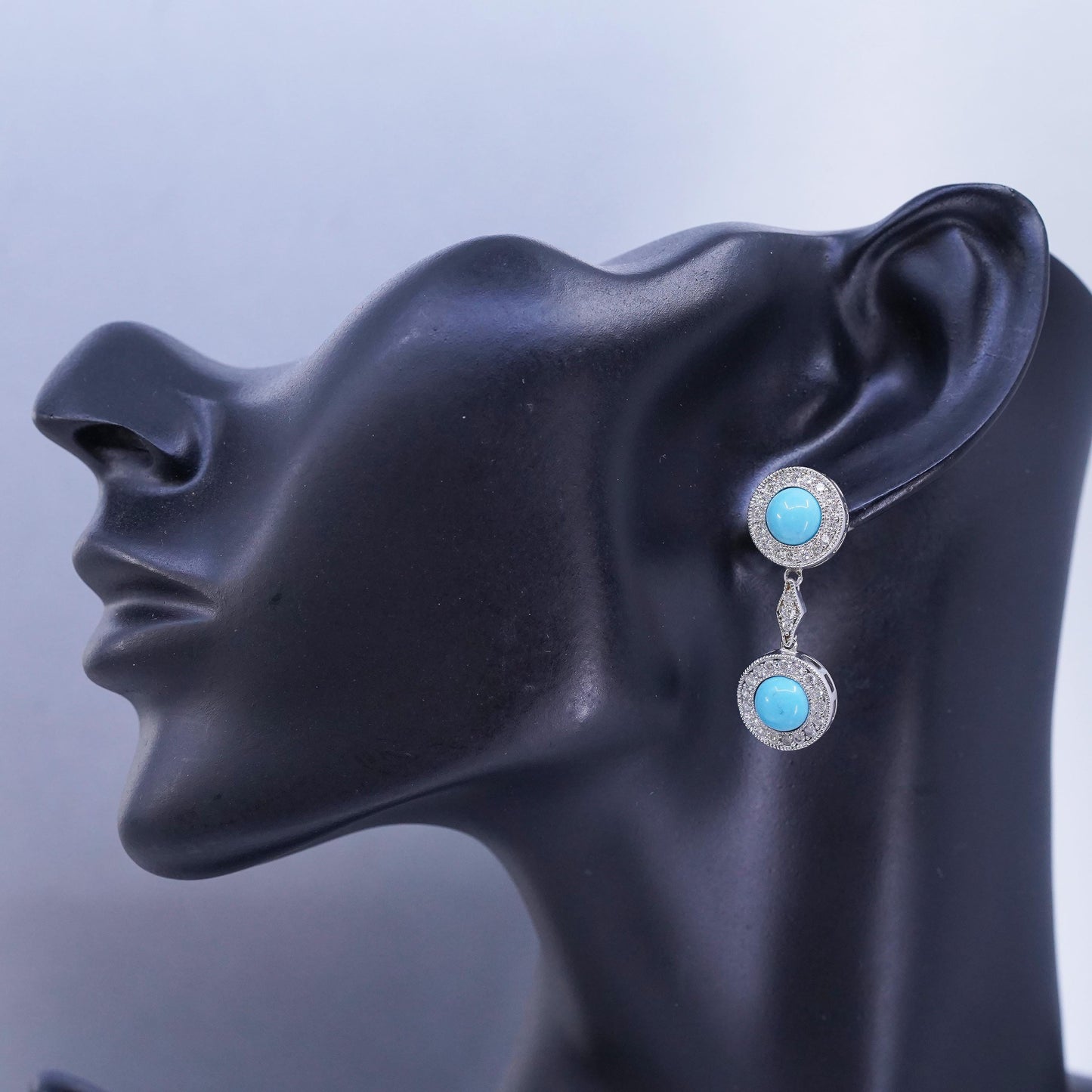 Vintage Sterling 925 silver handmade earrings with turquoise and cluster Cz