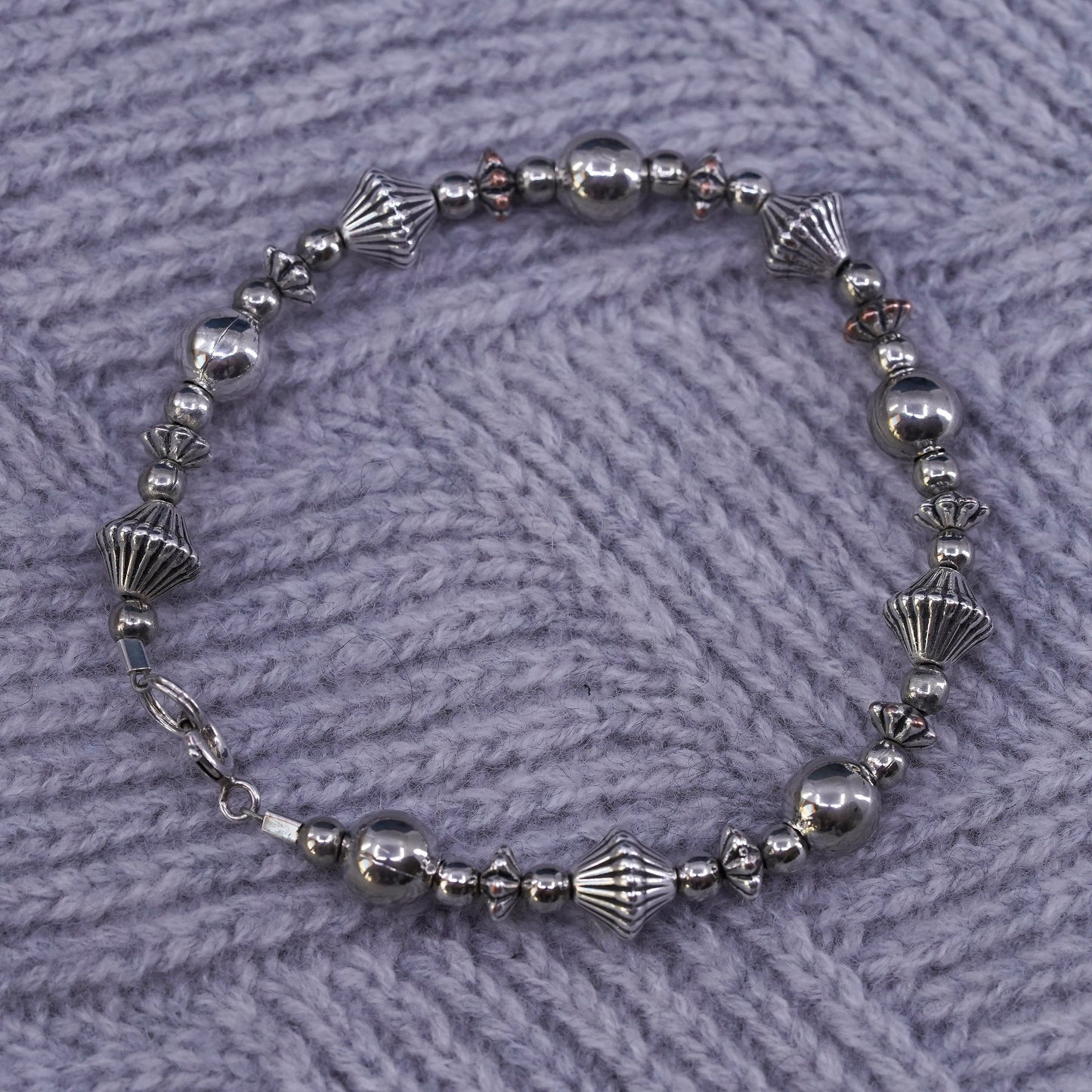 7.25", vintage silver tone handmade beaded bracelet