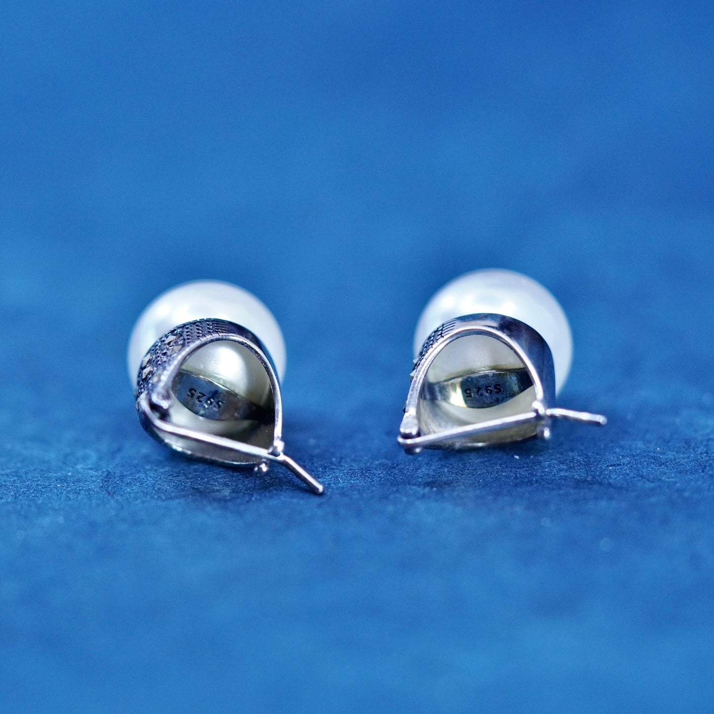 Sterling silver handmade earrings, 925 hooks, huggie w/ faux pearl and crystal
