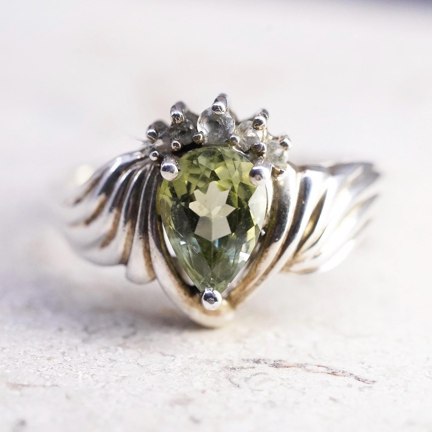 Size 8.25, vintage Sterling silver 925 handmade ring with teardrop peridot cz