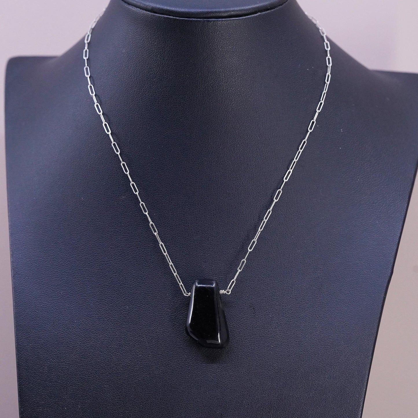 14" 2mm, vintage Sterling silver necklace, 925 elongated chain w/ onyx pendant