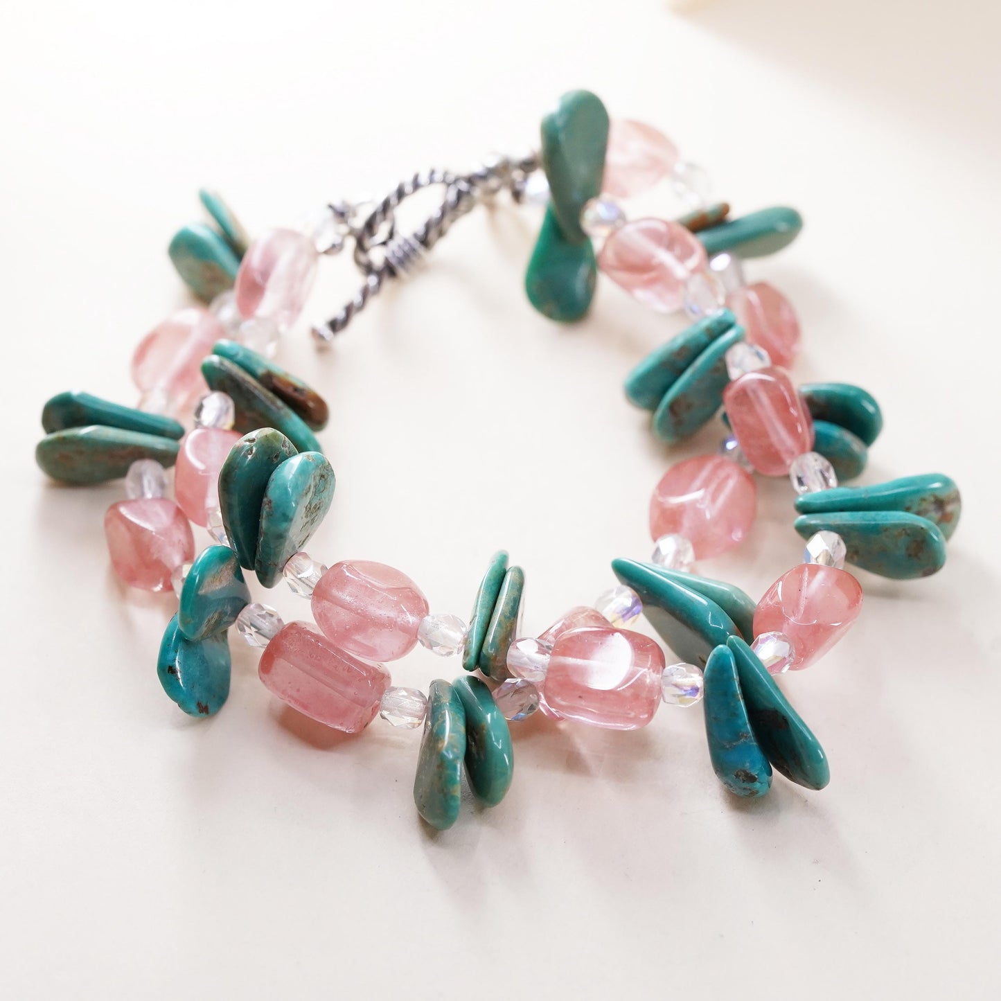 7”, VTG southwestern Sterling 925 silver bracelet turquoise pink quartz beads