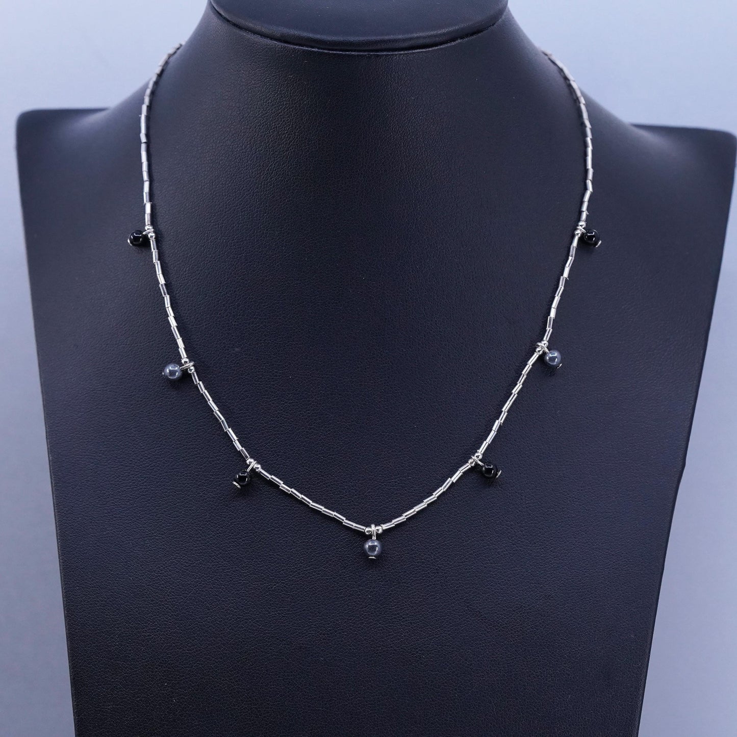 16+3”, Native American Sterling 925 liquid silver necklace hematite beads