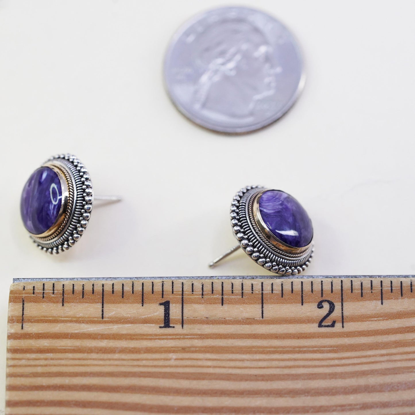 two tone Sterling Silver Charoite Earrings, Purple Stone, 925 Statement Studs