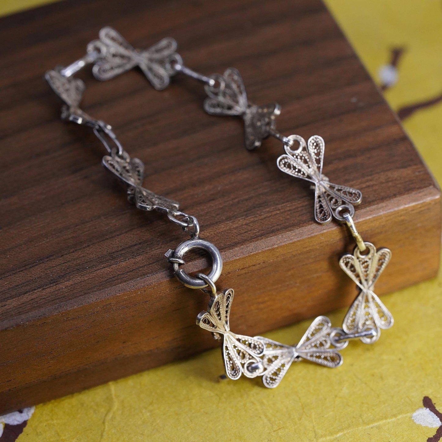 7.5", VTG 925 Sterling silver handmade bracelet, filigree ribbon bow tie chain