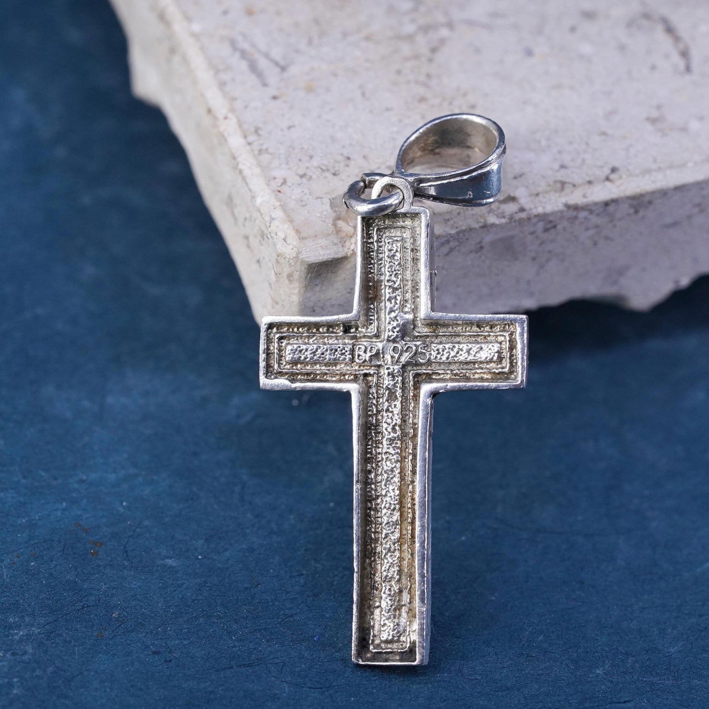 vintage Sterling silver Handmade charm, textured 925 Jesus cross pendant